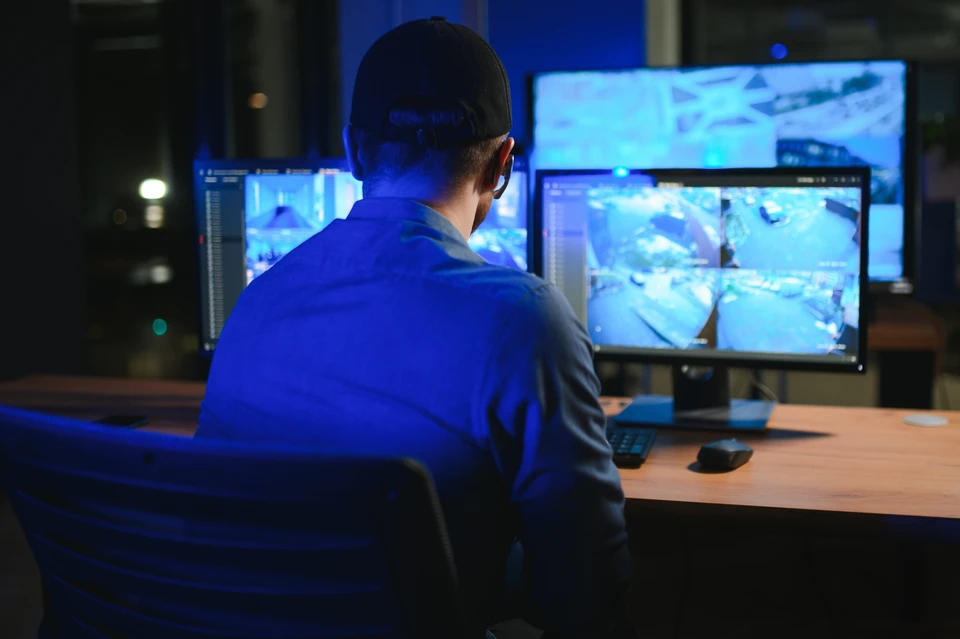 Opérateur en salle de contrôle manipulant un joystick de commande PTZ devant écrans de surveillance