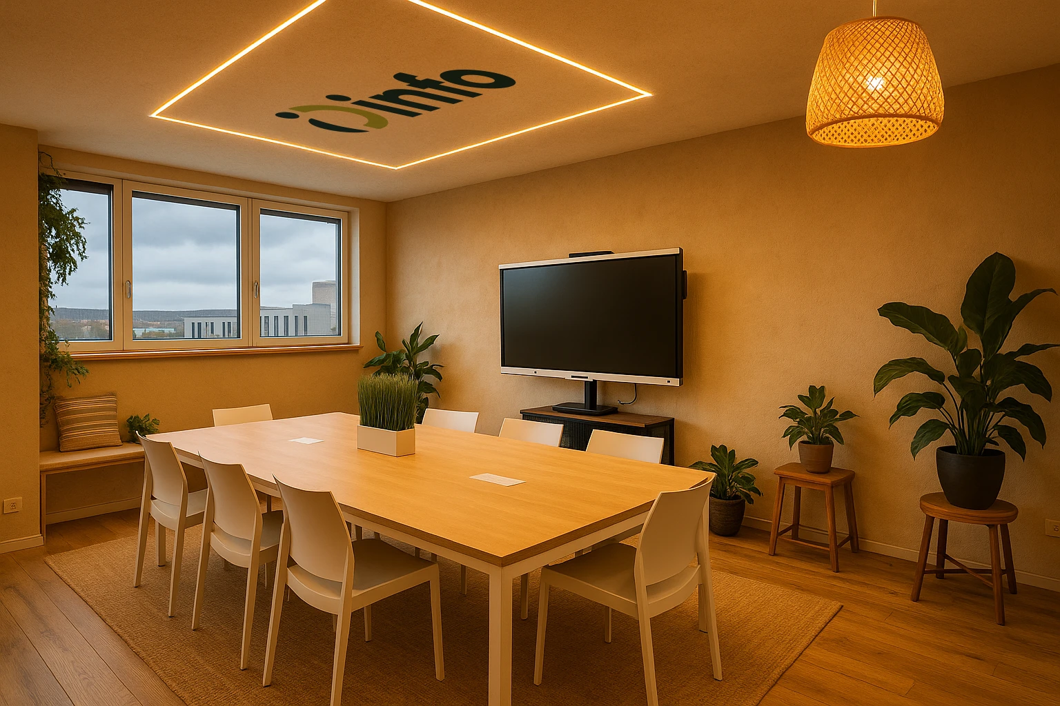 Homme en chemise travaillant dans bureau moderne avec ordinateur portable ouvert sur écran blanc, second moniteur, clavier externe et souris